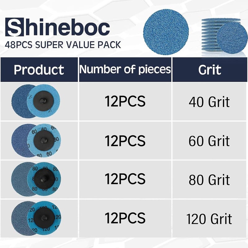 Shineboc 2 Inch Zirconia Sanding Discs, 49Pcs 4-Grit (40/60/80/120) Quick Change Discs with 1/4" Roll Lock for Die Grinder Surface Conditioning Sanding Discs for Rust Removal, Deburring & Polishing - Image 5
